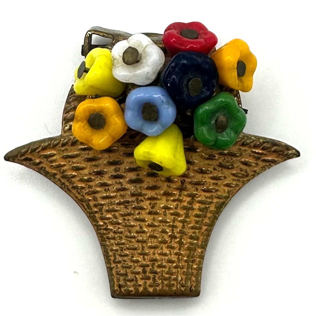 Antique vintage gold tone brass multicolor molded glass flowers beads dress clip