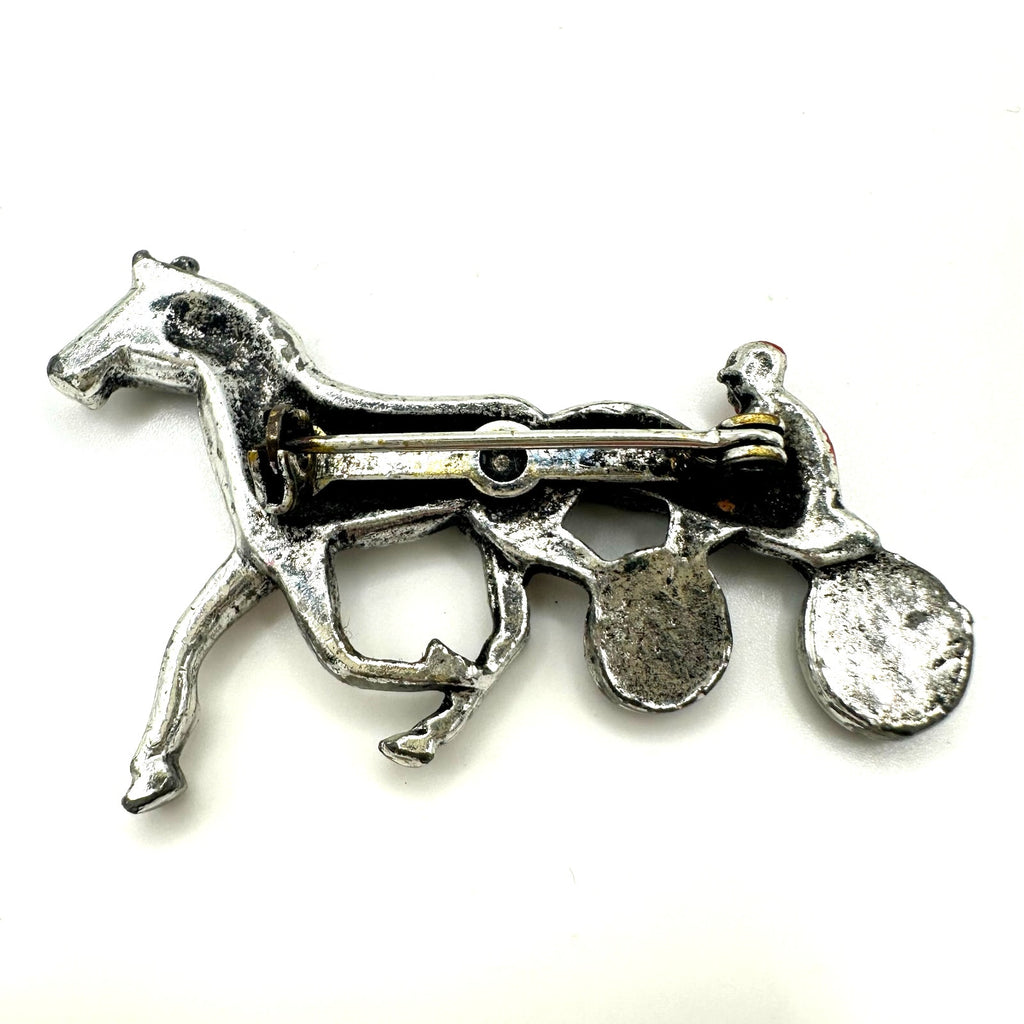 1940s vintage silver tone red enamel horse man racer chariot figural brooch