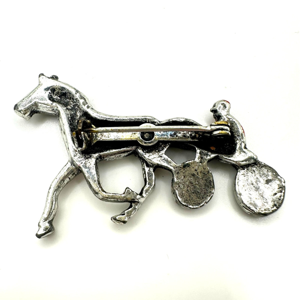 1940s vintage silver tone red enamel horse man racer chariot figural brooch