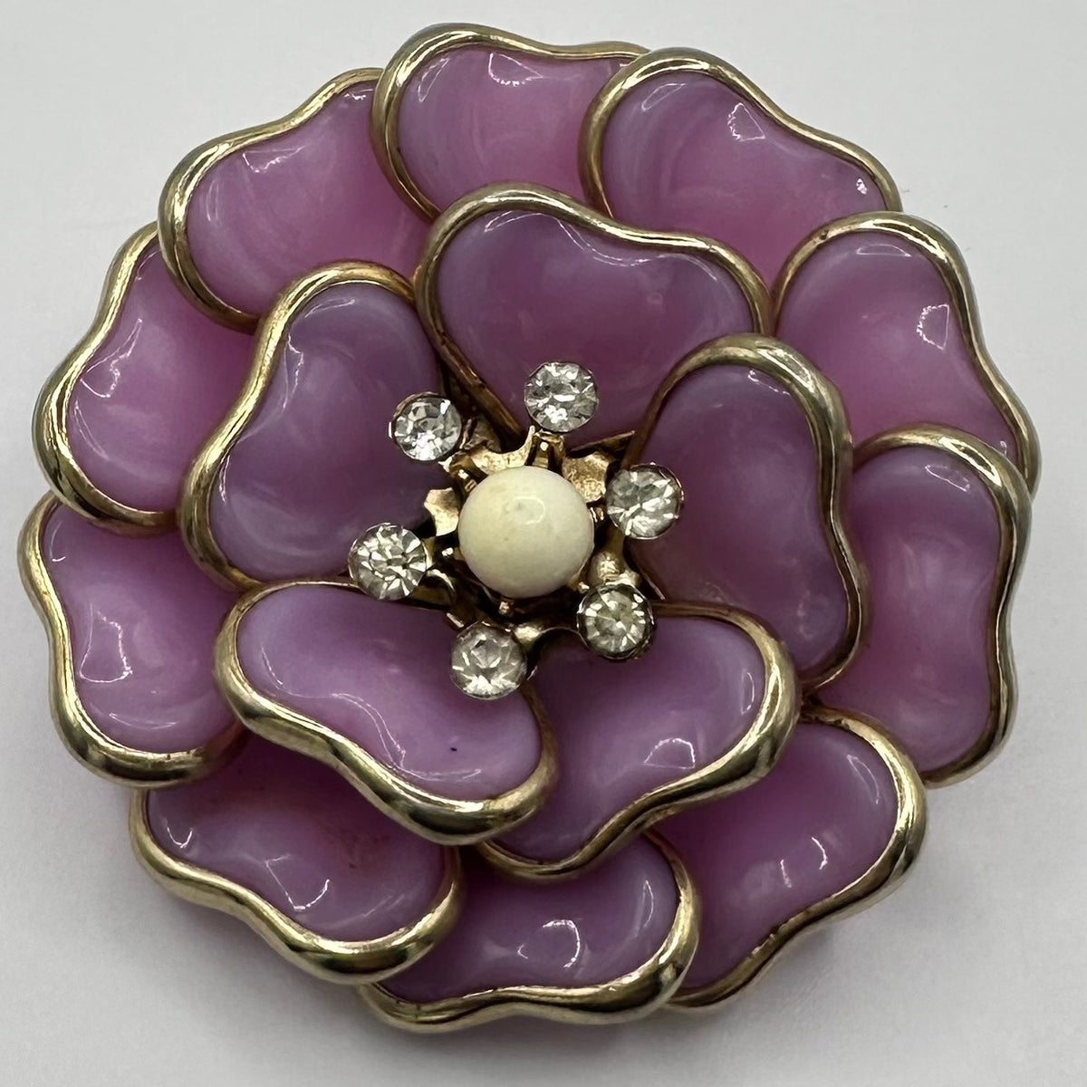 1950s vintage gold tone opaque pink molded glass layered flower floral brooch