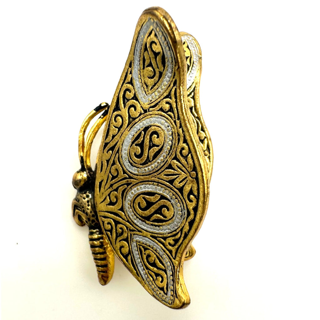 Spain Toledo Damascene gold tone black silver enamel 3D butterfly brooch pin