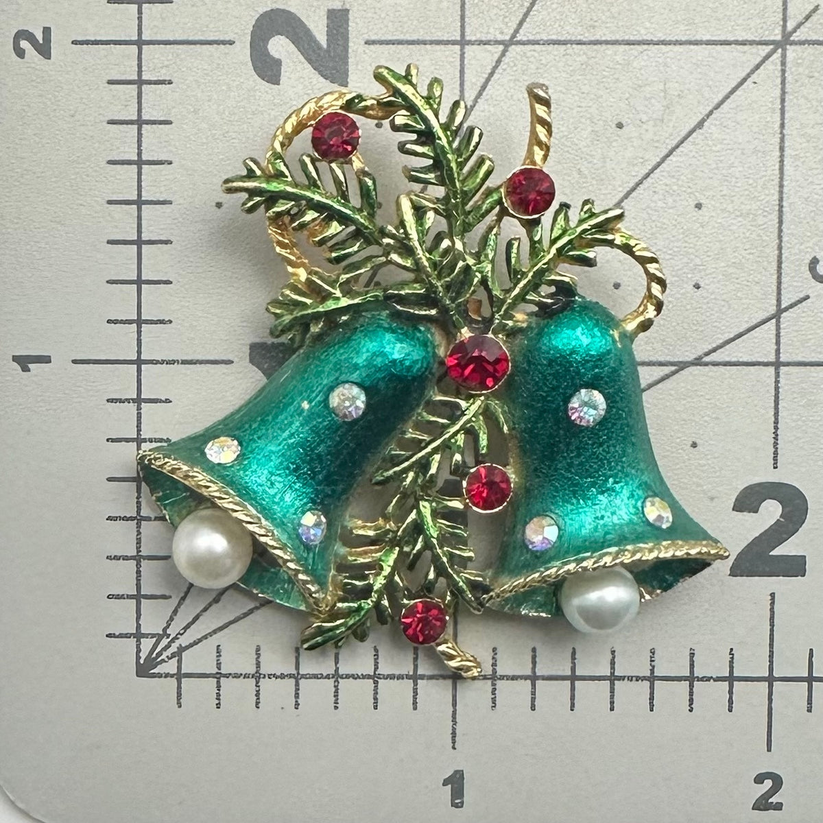Vintage gold tone AB red rhinestones green enamel Christmas bells brooch