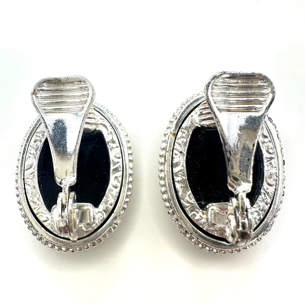 Vintage silver tone oval black glass mirrored cameos clip on earrings