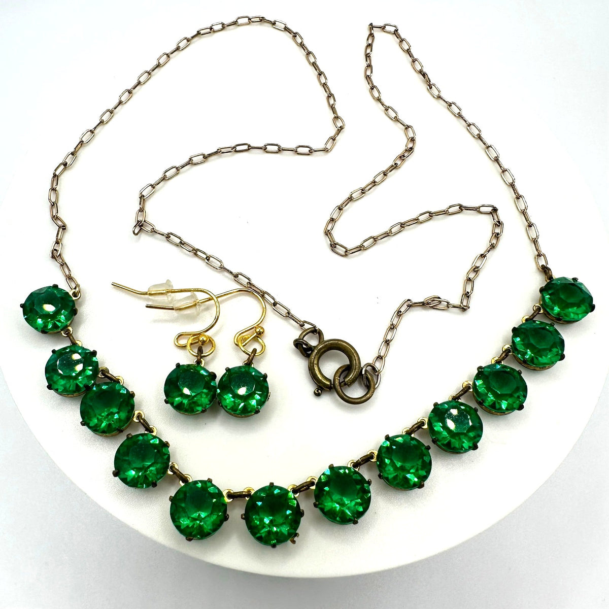 Antique Art Deco green Czech glass rhinestones rivière chain necklace earrings