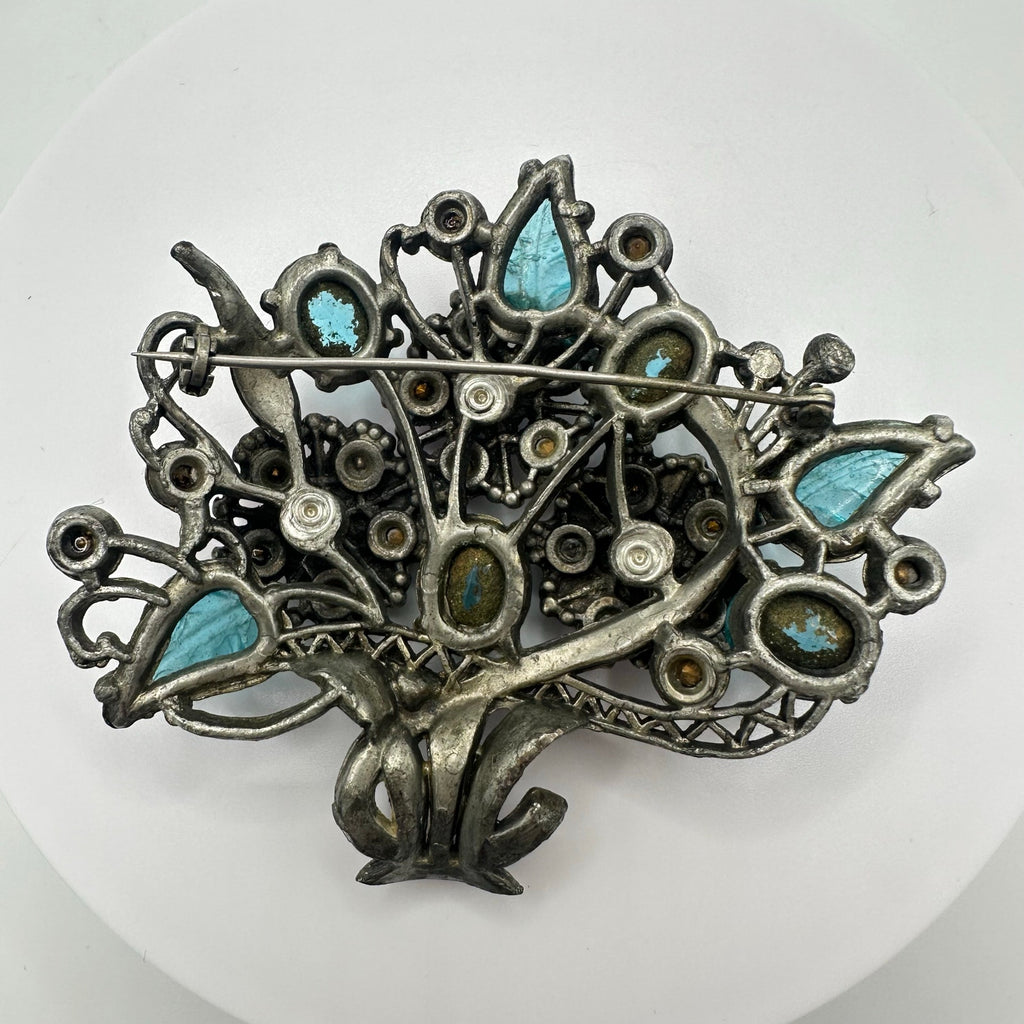 Antique Art Deco 1930s large pot metal pink blue molded glass rhinestones brooch