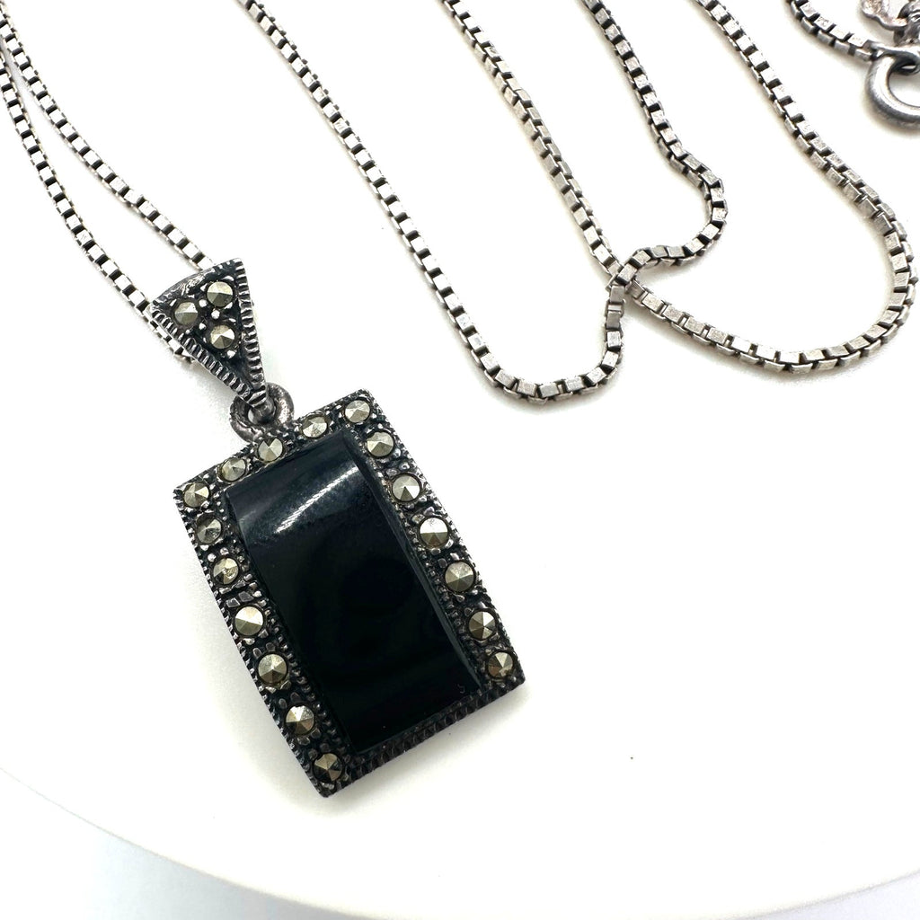 MD Thai 925 sterling silver black onyx marcasite pendant 24" box chain necklace