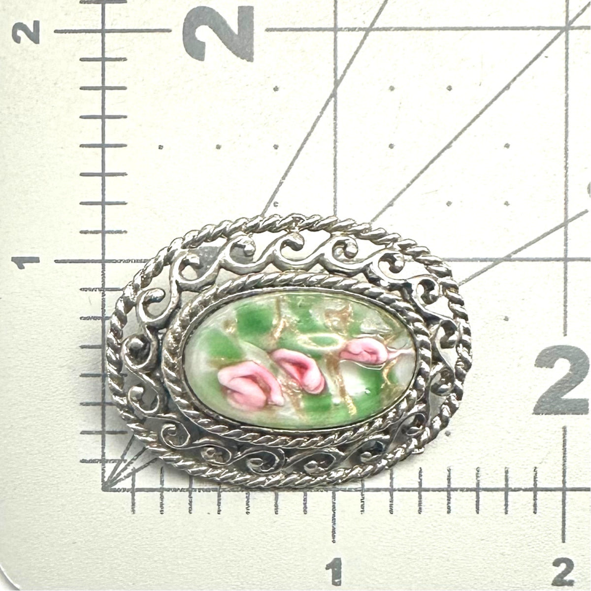 Vintage silver tone Murano pink green blown art glass cabochon oval brooch pin