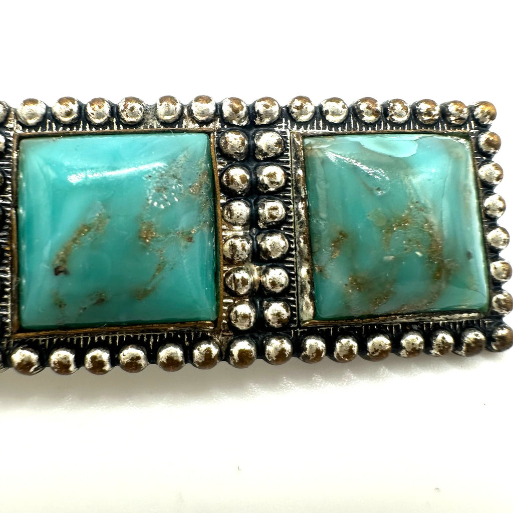 Antique Art Deco faux turquoise art glass cabochons silver gilt brass brooch