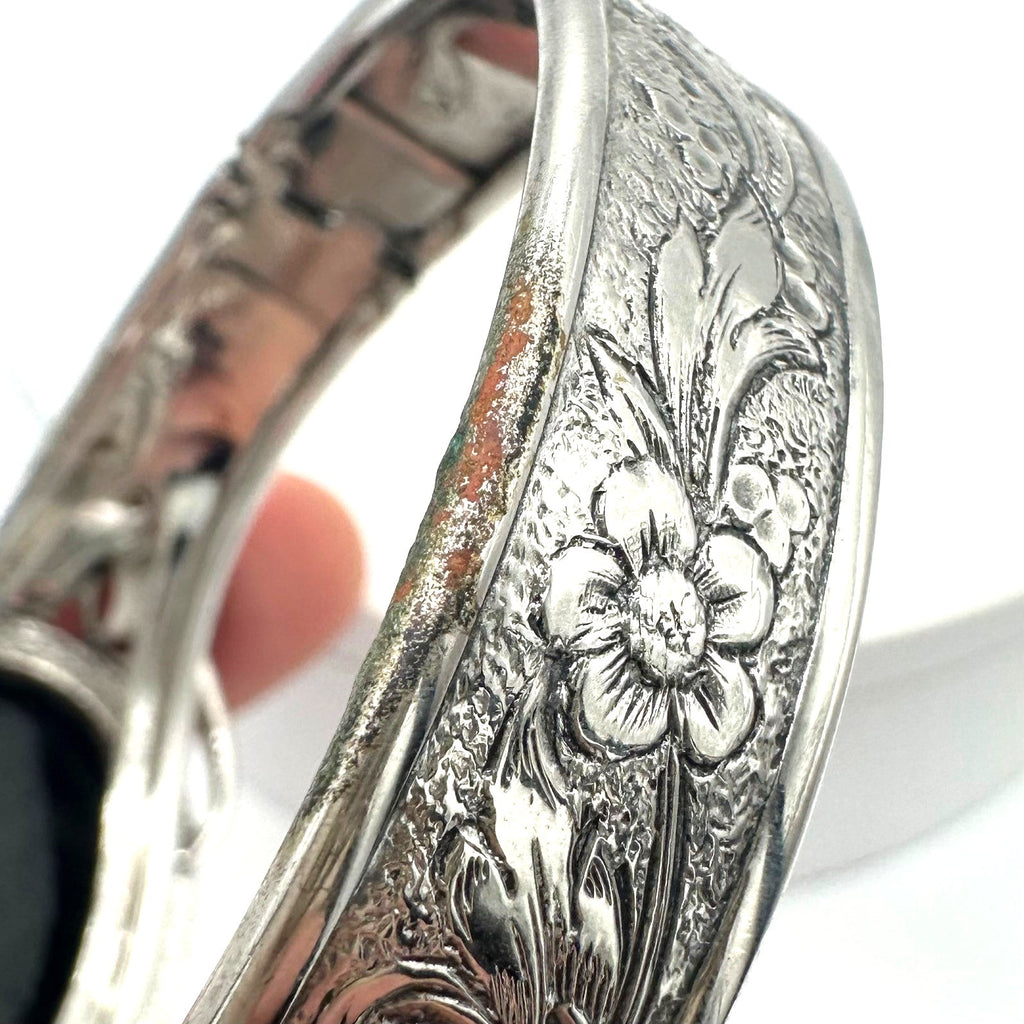 Vintage Victorian Revival silver tone hematite glass hinged bangle bracelet