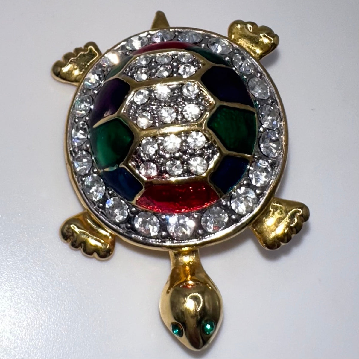 Vintage gold tone clear rhinestones multicolor enamel turtle figural brooch