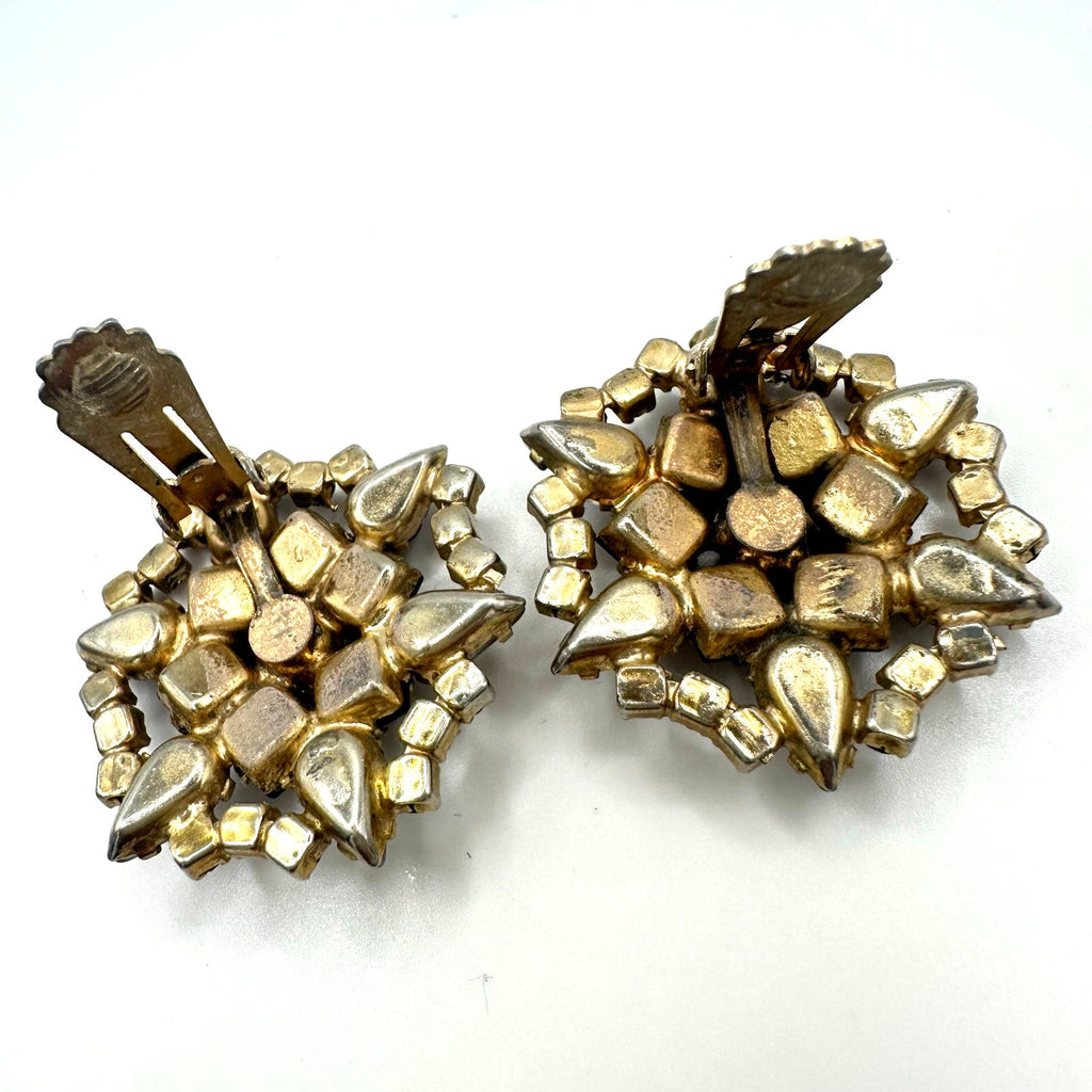 1950s vintage gold tone purple glass rhinestones cabochons clip on earrings