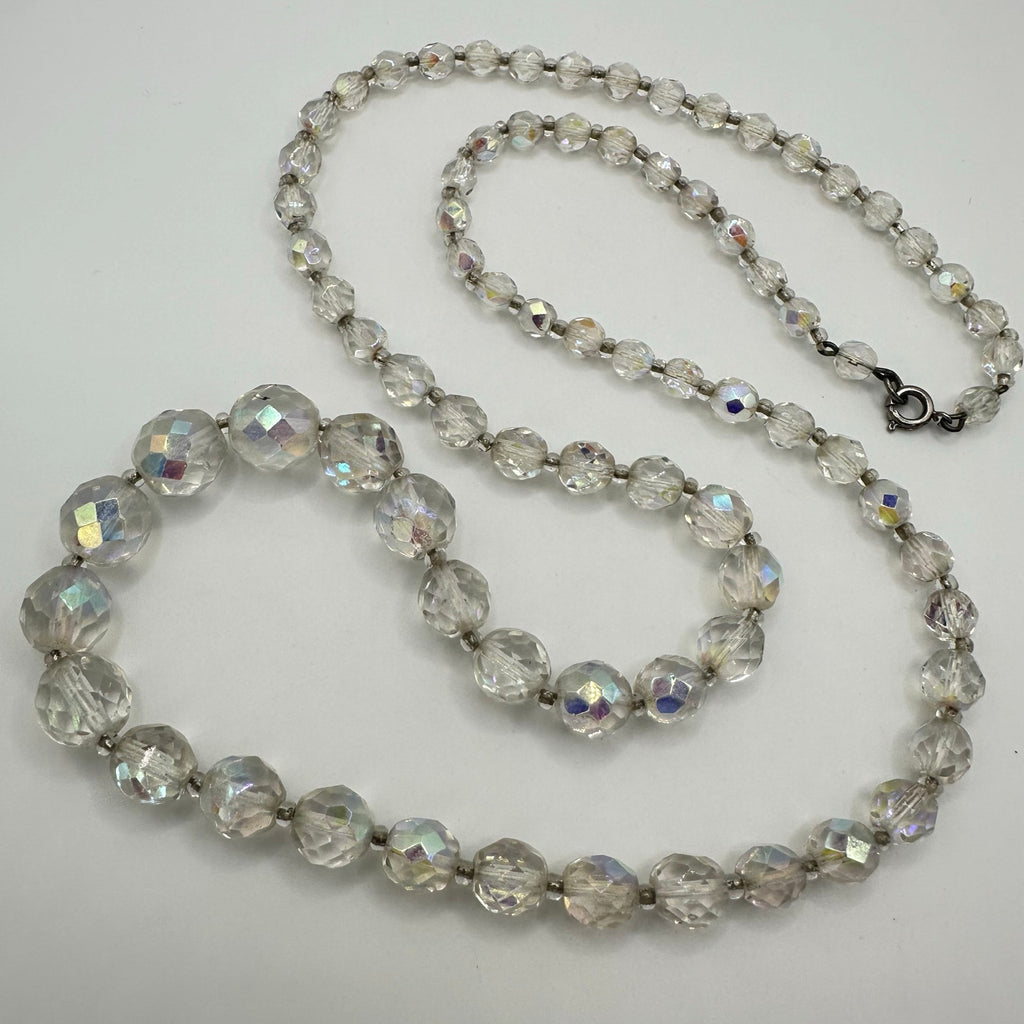 1950s vintage clear faceted glass aurora borealis AB graduated beaded necklace