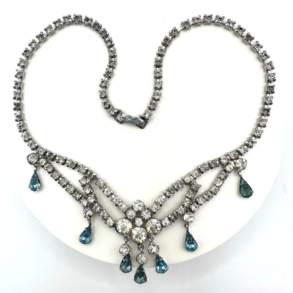 1940s 1950s vintage silver tone clear blue glass rhinestones drops swag necklace