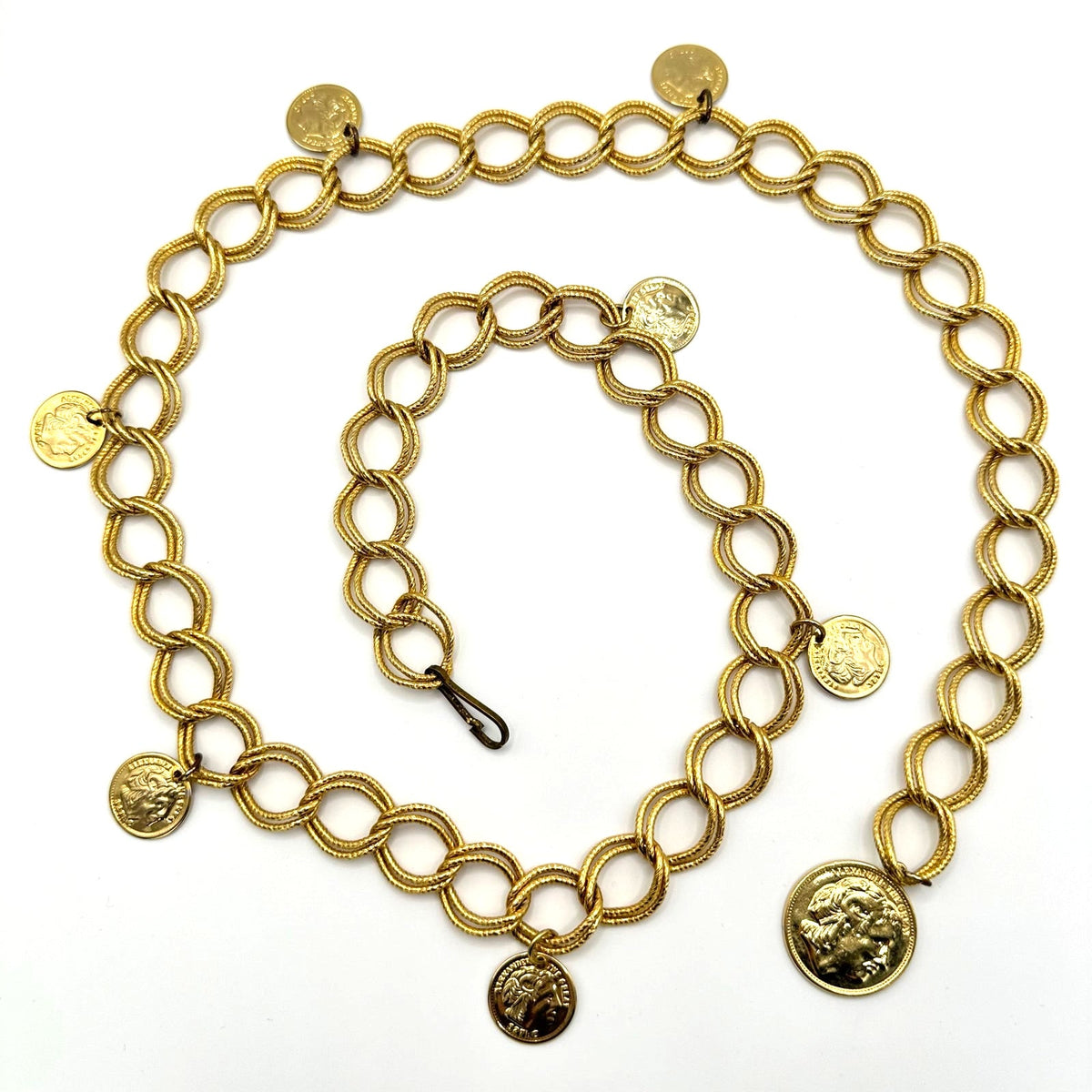 1980s 1990s vintage gold tone Alexander the Great coins adjustable chain belt
