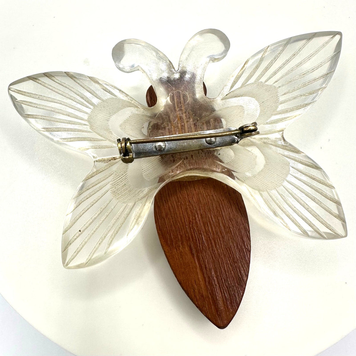 1940s retro vintage clear carved lucite brown wood large butterfly figure brooch