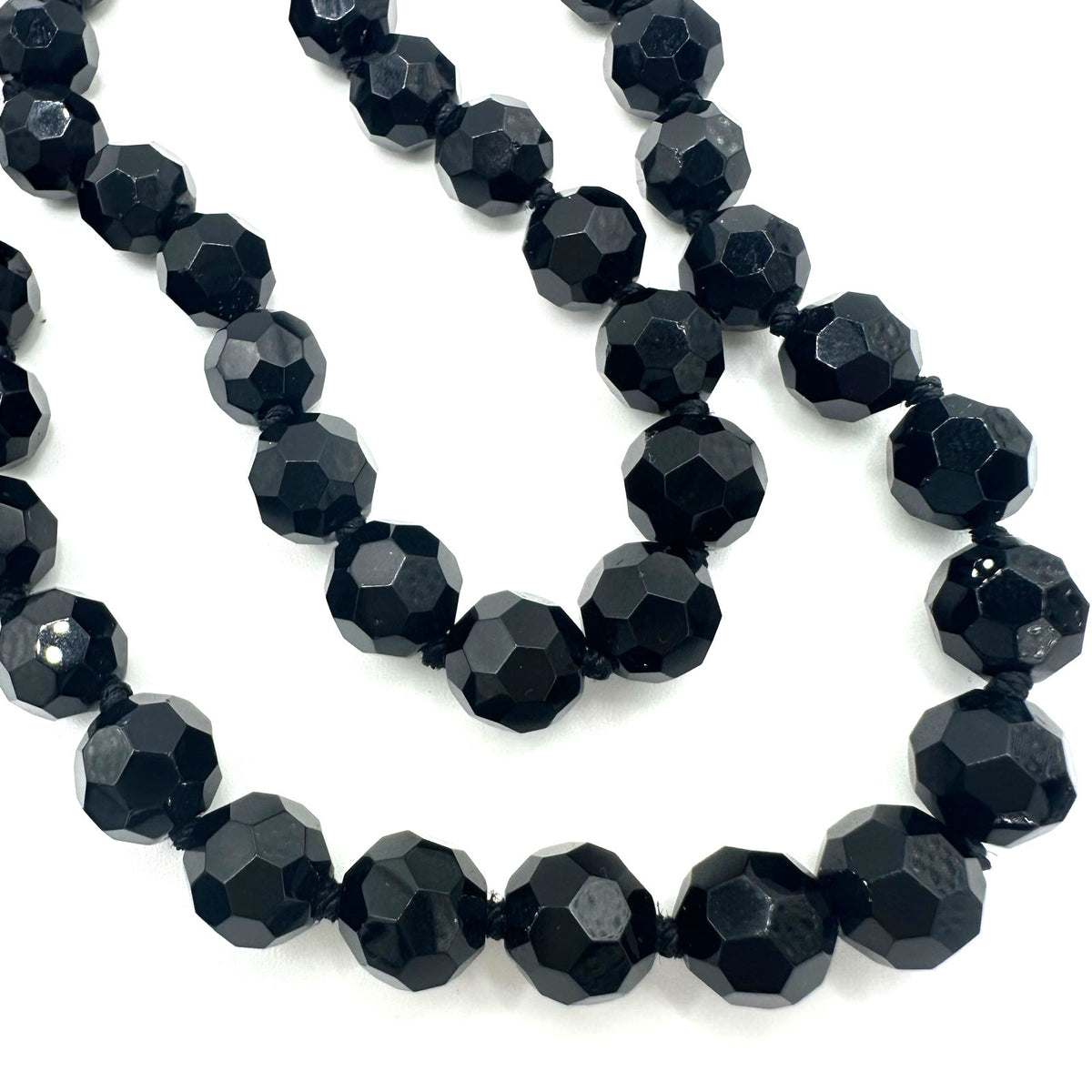 Extra long 72” black faceted glass 10mm beads beaded hand knotted necklace