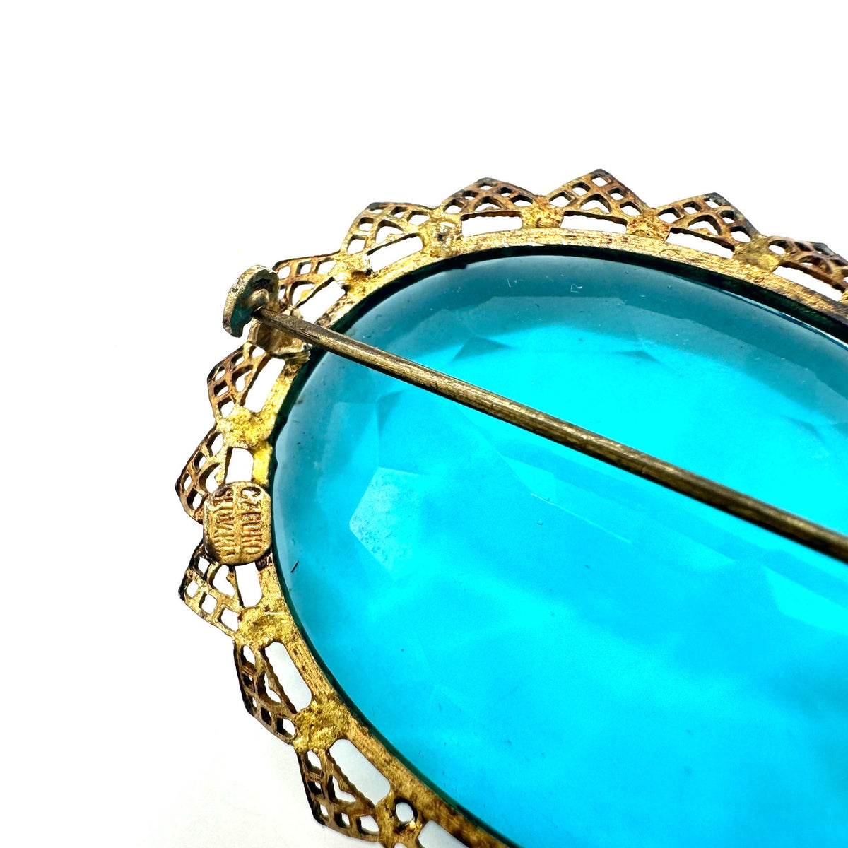 Czechoslovakia antique Art Deco 1920s aqua blue glass rhinestone brass brooch