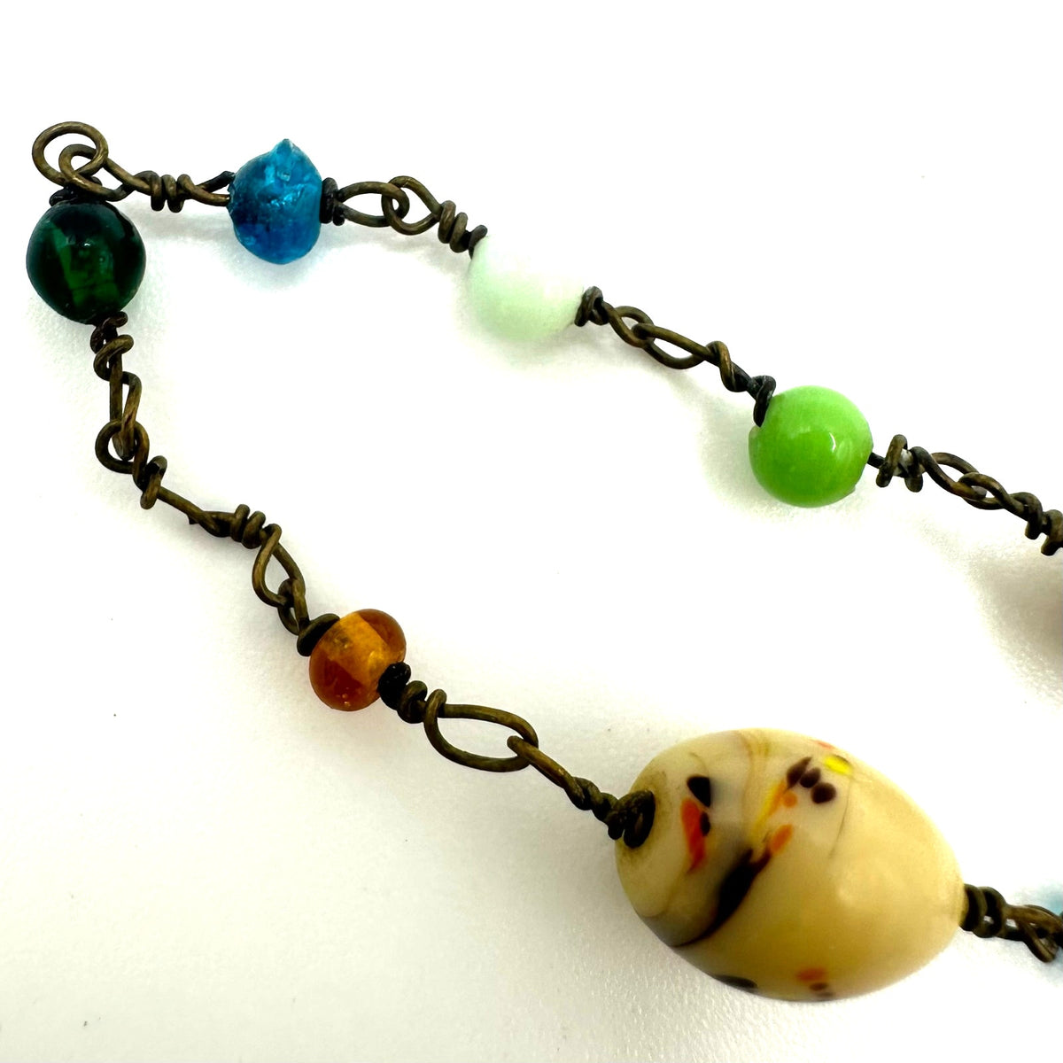 Antique Art Deco Czech art glass multicolor beads beaded brass 52" necklace