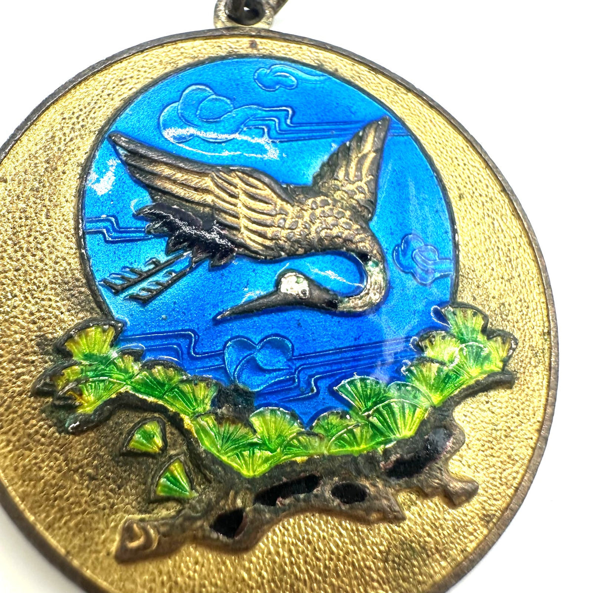 Chinese vintage gold tone cloisonné enamel crane bird disc round pendant