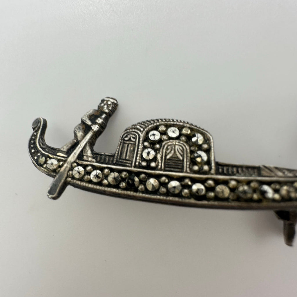 Antique Art Deco 925 sterling silver marcasite gondola boat figural brooch pin