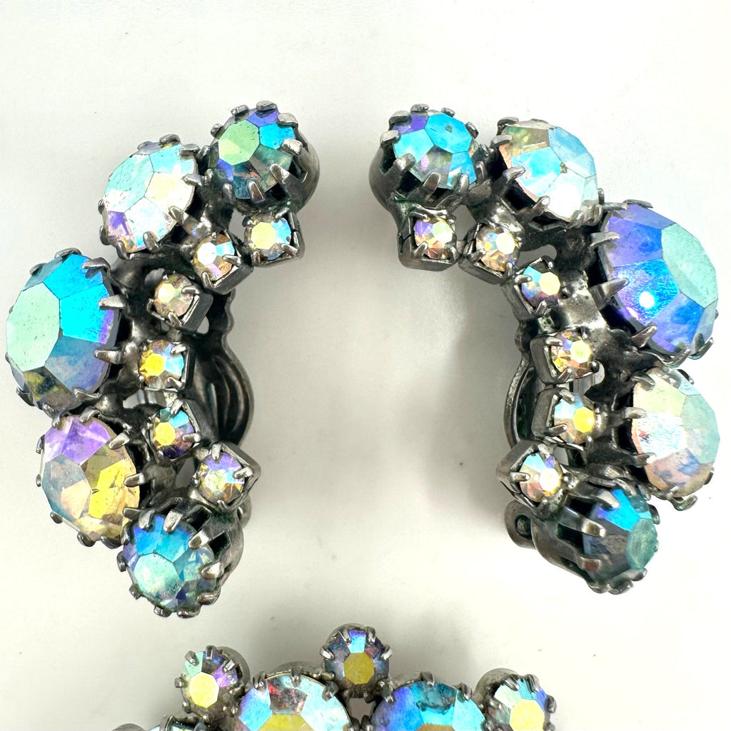 Vintage silver tone clear blue AB rhinestones wreath brooch clip on earrings