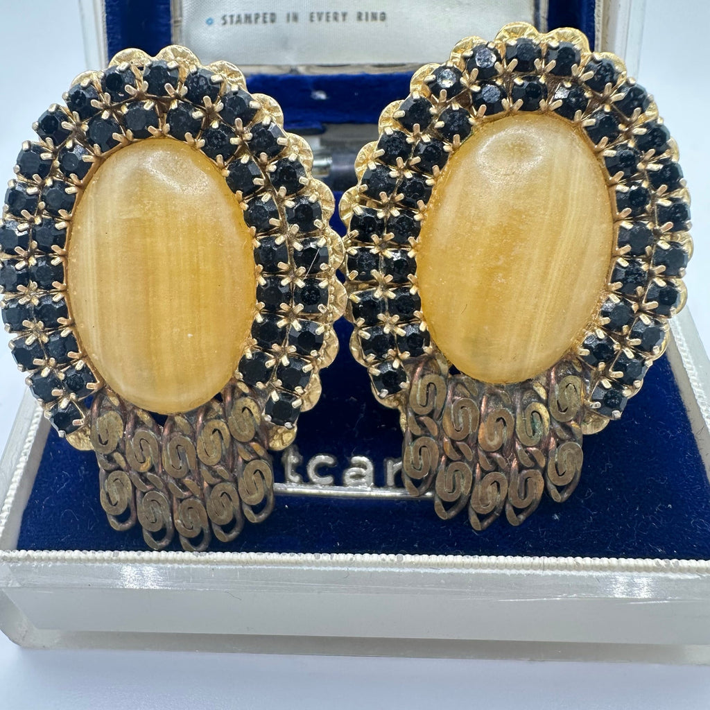 1950s vintage gold tone filigree black rhinestones chalcedony clip on earrings