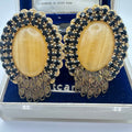 1950s vintage gold tone filigree black rhinestones chalcedony clip on earrings