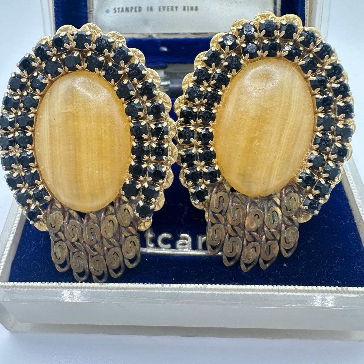 1950s vintage gold tone filigree black rhinestones chalcedony clip on earrings