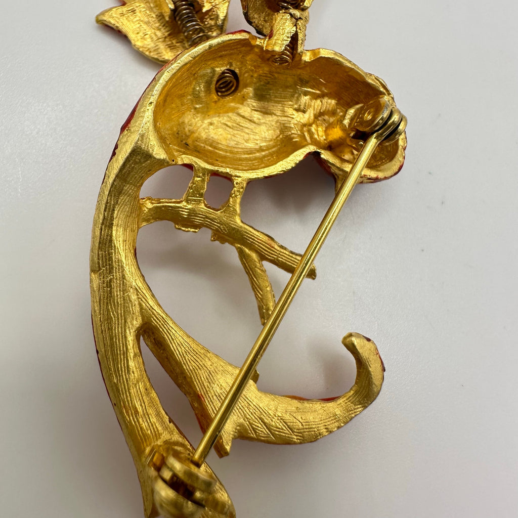 Vintage gold tone trembler en tremblant red enamel phoenix bird brooch