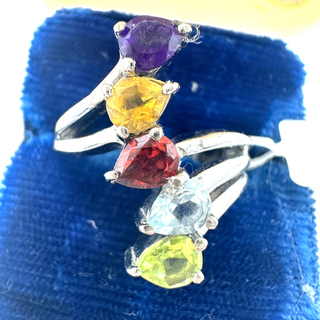 NWT silver stainless steel 5 real semiprecious gemstones multicolor ring 6.5