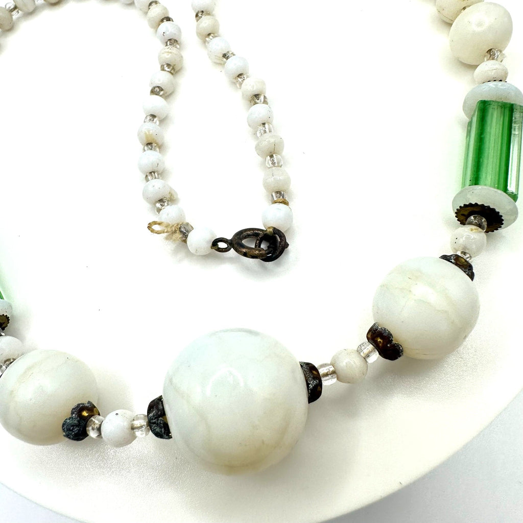 Antique Art Deco 1920s white milk green cane glass beaded graduated necklace