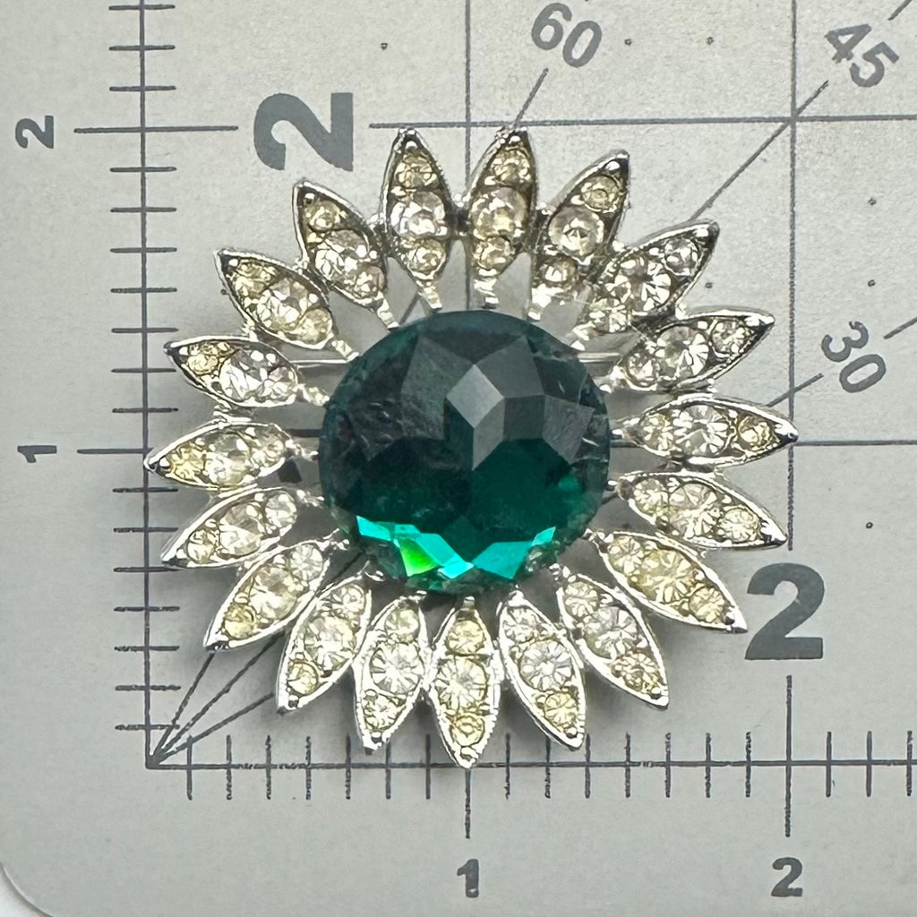 Sarah Coventry 1964 vintage silver tone green clear rhinestones Kathleen brooch