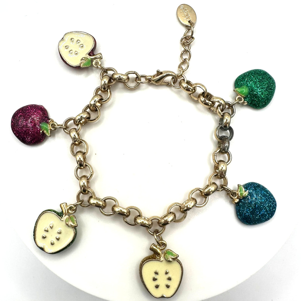 Claire's vintage gold tone multicolor enamel apple charms chain link bracelet
