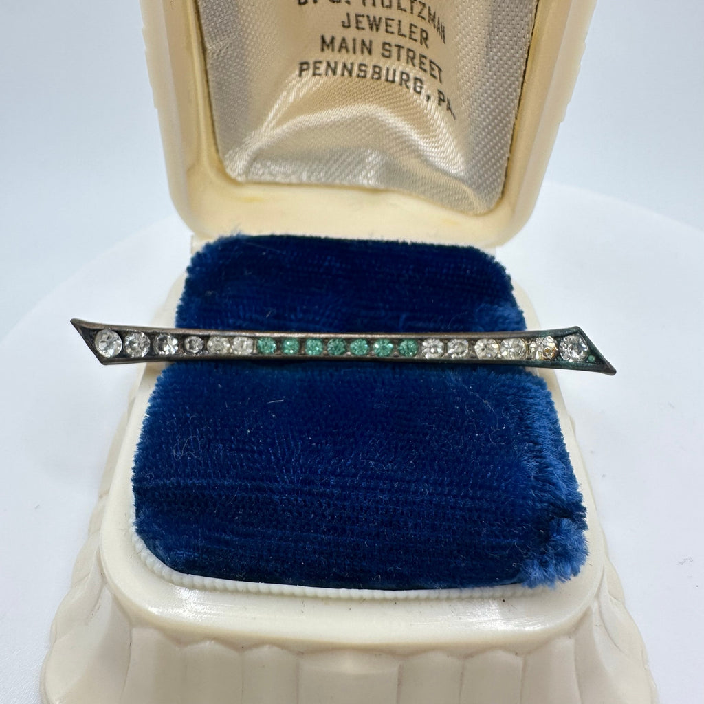 Antique Edwardian Art Deco brass aqua blue glass rhinestones brooch bar pin