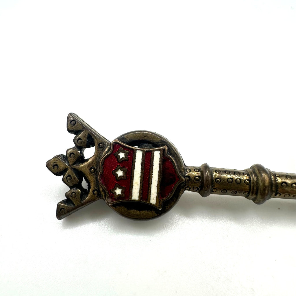Vintage gold tone Heraldic red white enamel crest shield crown key stars brooch