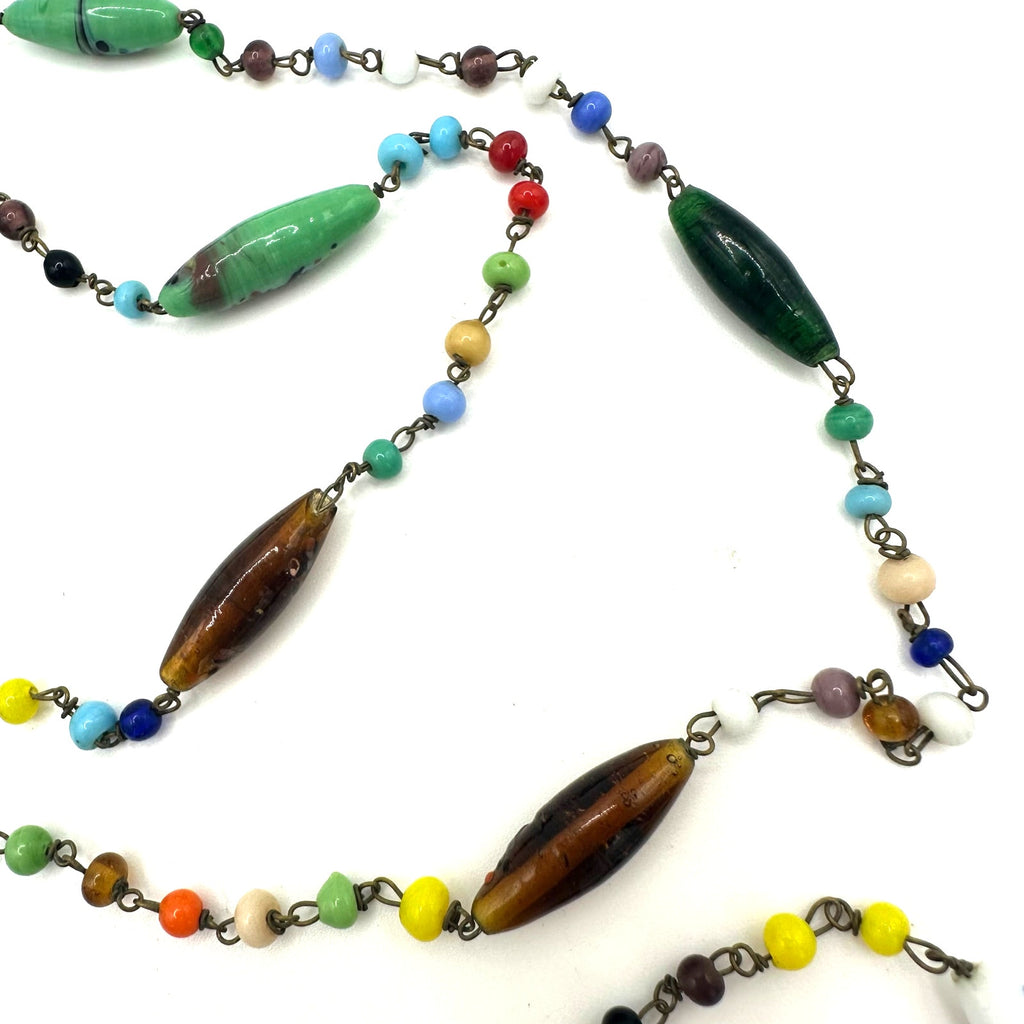Antique Art Deco Czech art glass multicolor beads beaded brass 51" necklace