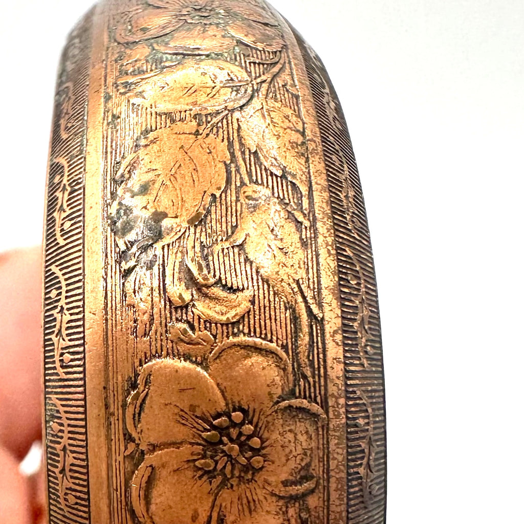 Vintage gold tone solid copper etched flowers floral adjustable cuff bracelet