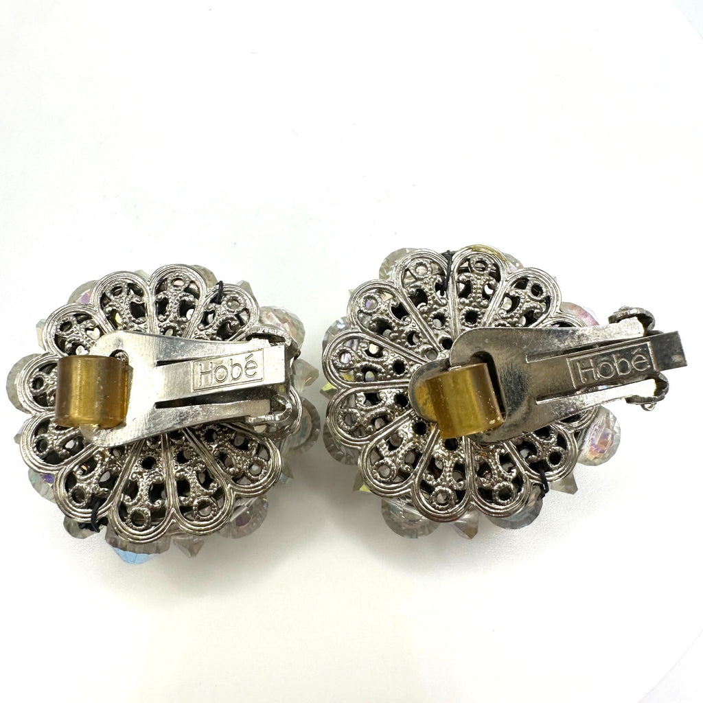Hobé vintage silver tone aurora borealis glass beaded cluster clip on earrings
