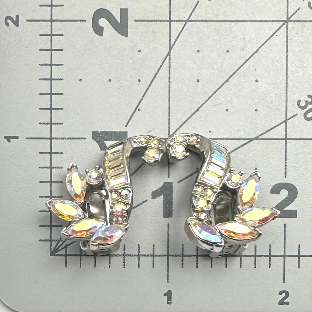 Vintage silver tone AB aurora borealis rhinestones scrolled clip on earrings