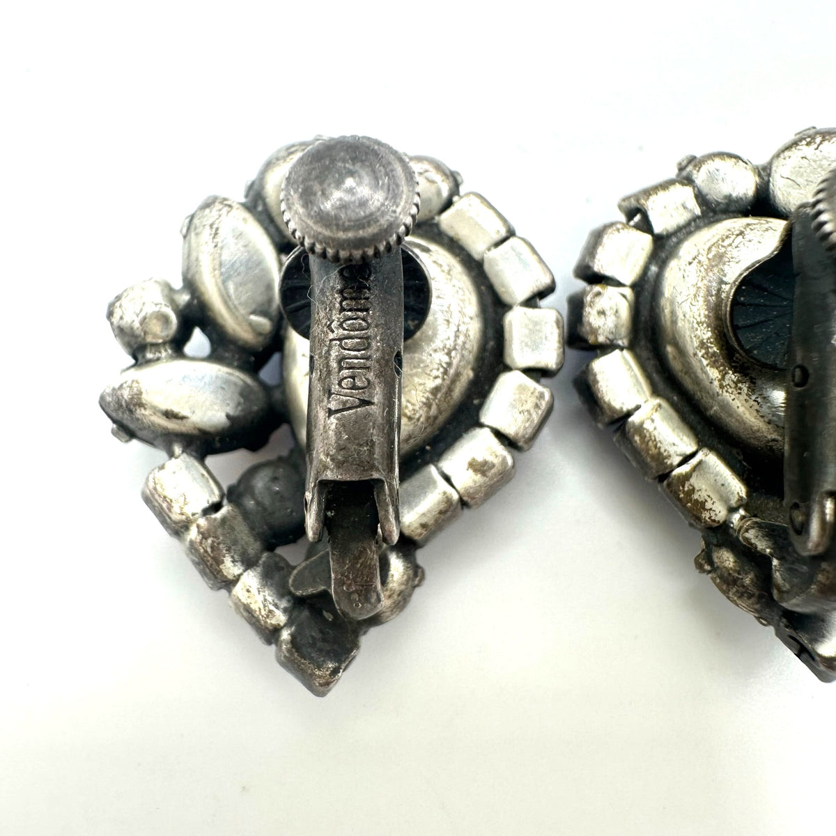 Vendome silver tone aurora borealis AB blue orange rhinestones clip on earrings