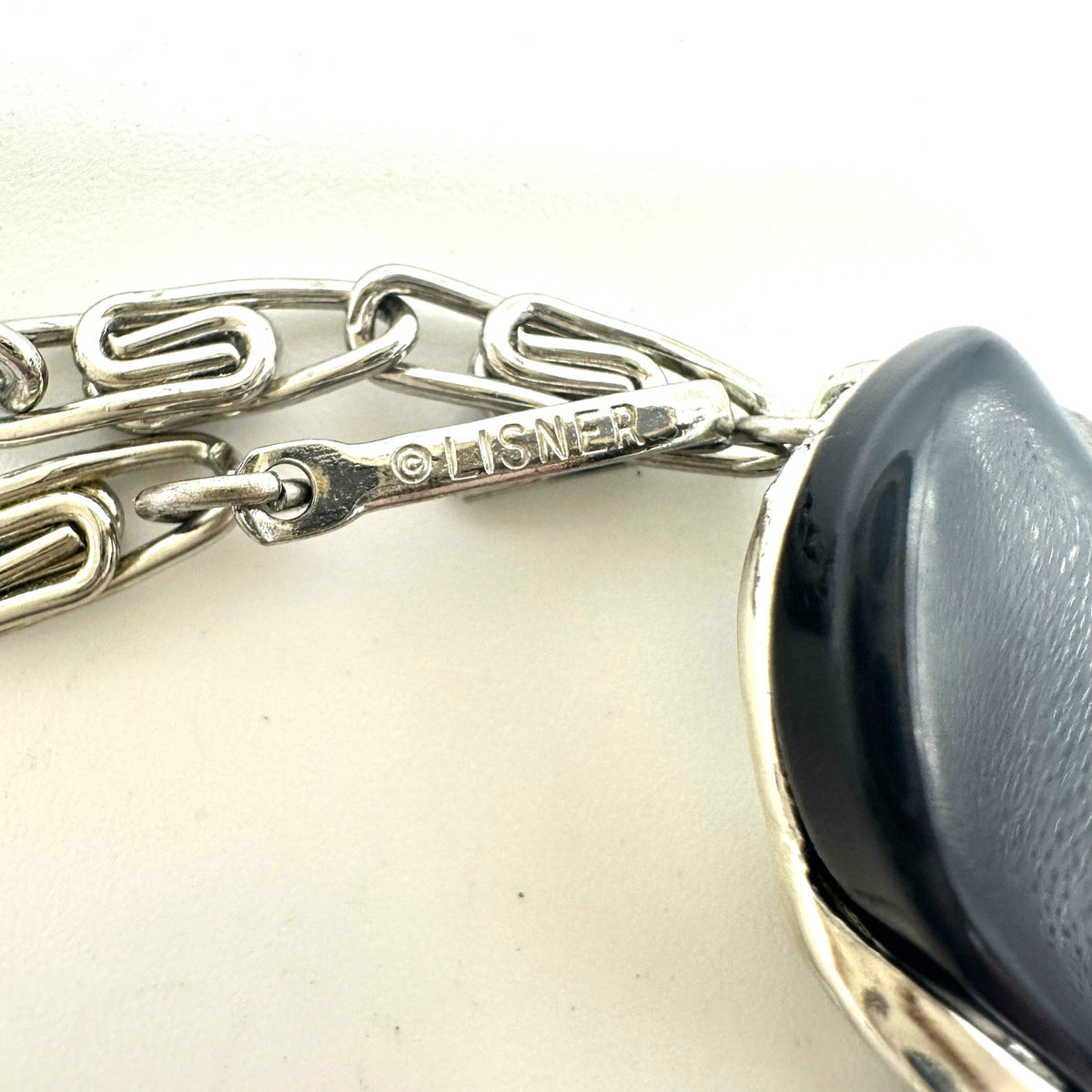 Lisner vintage silver tone black thermoset plastic moonglow lucite necklace