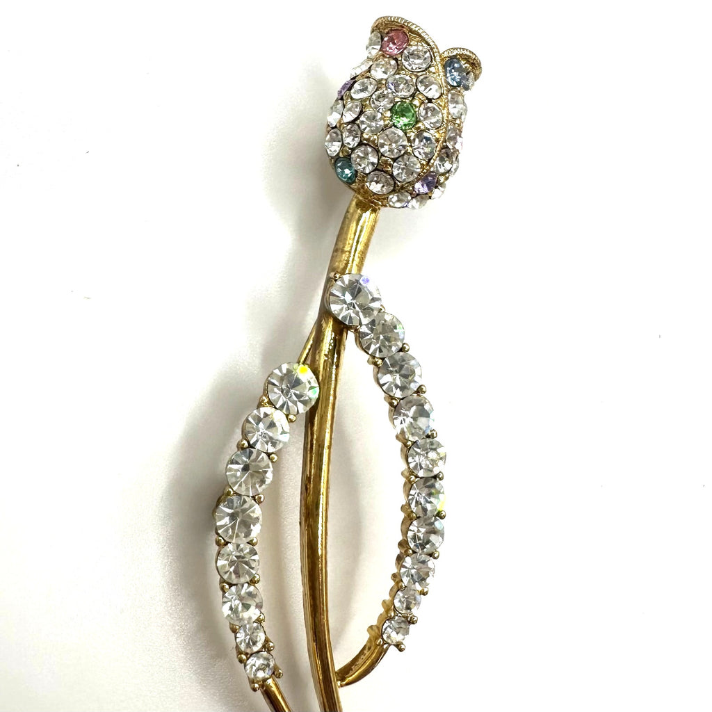Gold tone clear multicolor glass rhinestones rose flower floral brooch