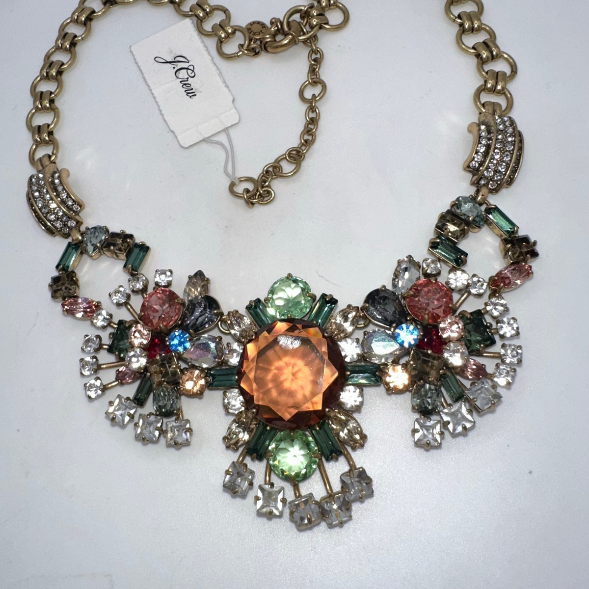 J. Crew NWT gold tone rainbow multicolor AB glass rhinestones statement necklace