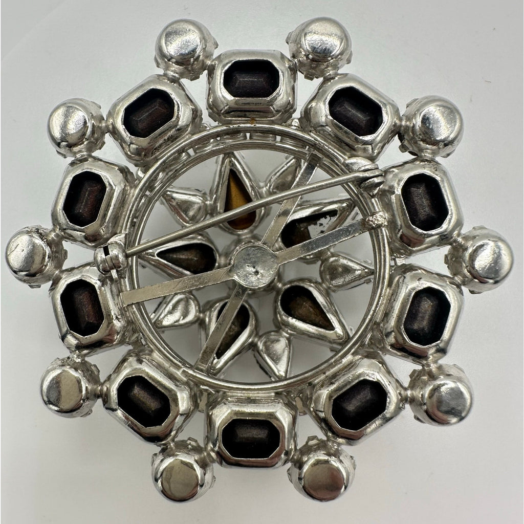 1950s vintage silver tone clear rhinestones sawtooth prong round domed 3D brooch