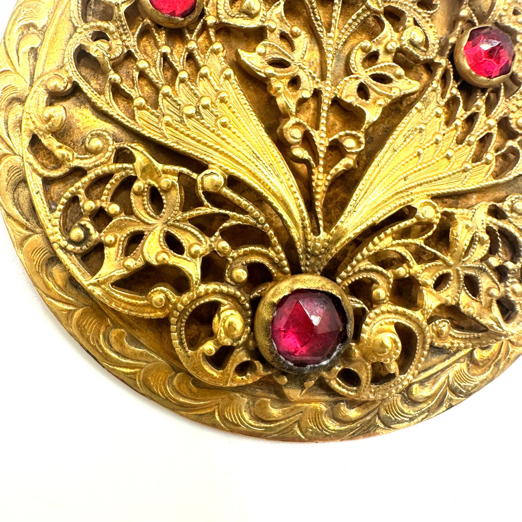 Antique 1900s Arts & Crafts gold gilt rose cut red paste glass sash pin brooch