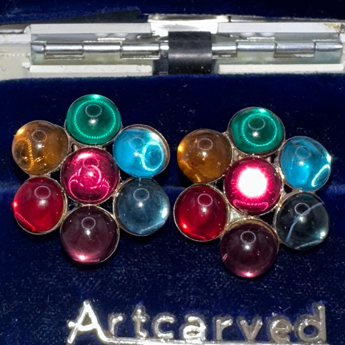 1940s vintage sterling silver rainbow glass cabochons screw back earrings