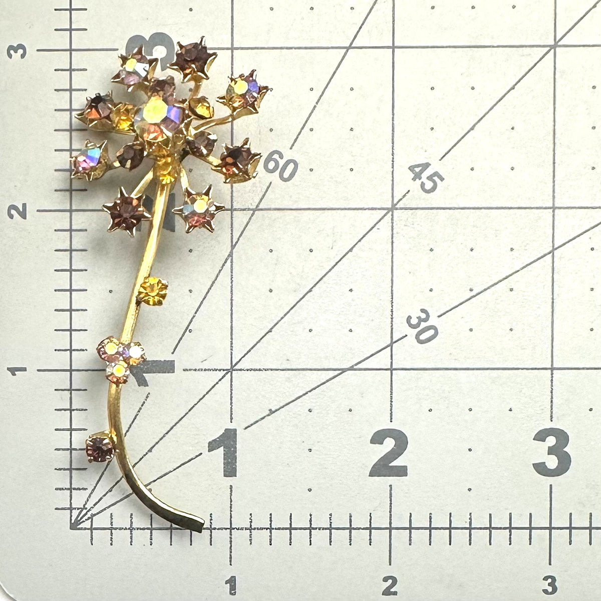 Austria vintage gold tone amber brown topaz glass AB rhinestones flower brooch