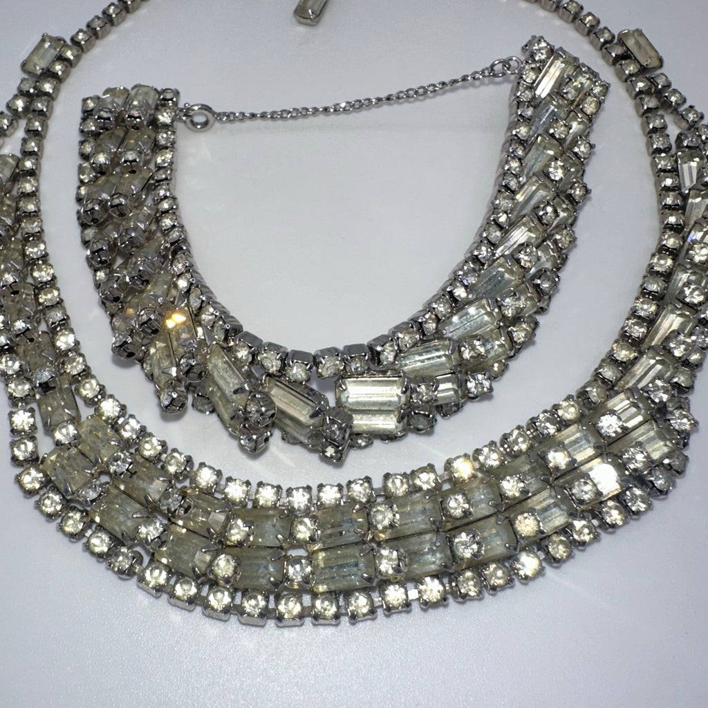 Vintage 1950s silver tone clear rhinestones tennis bracelet necklace parure