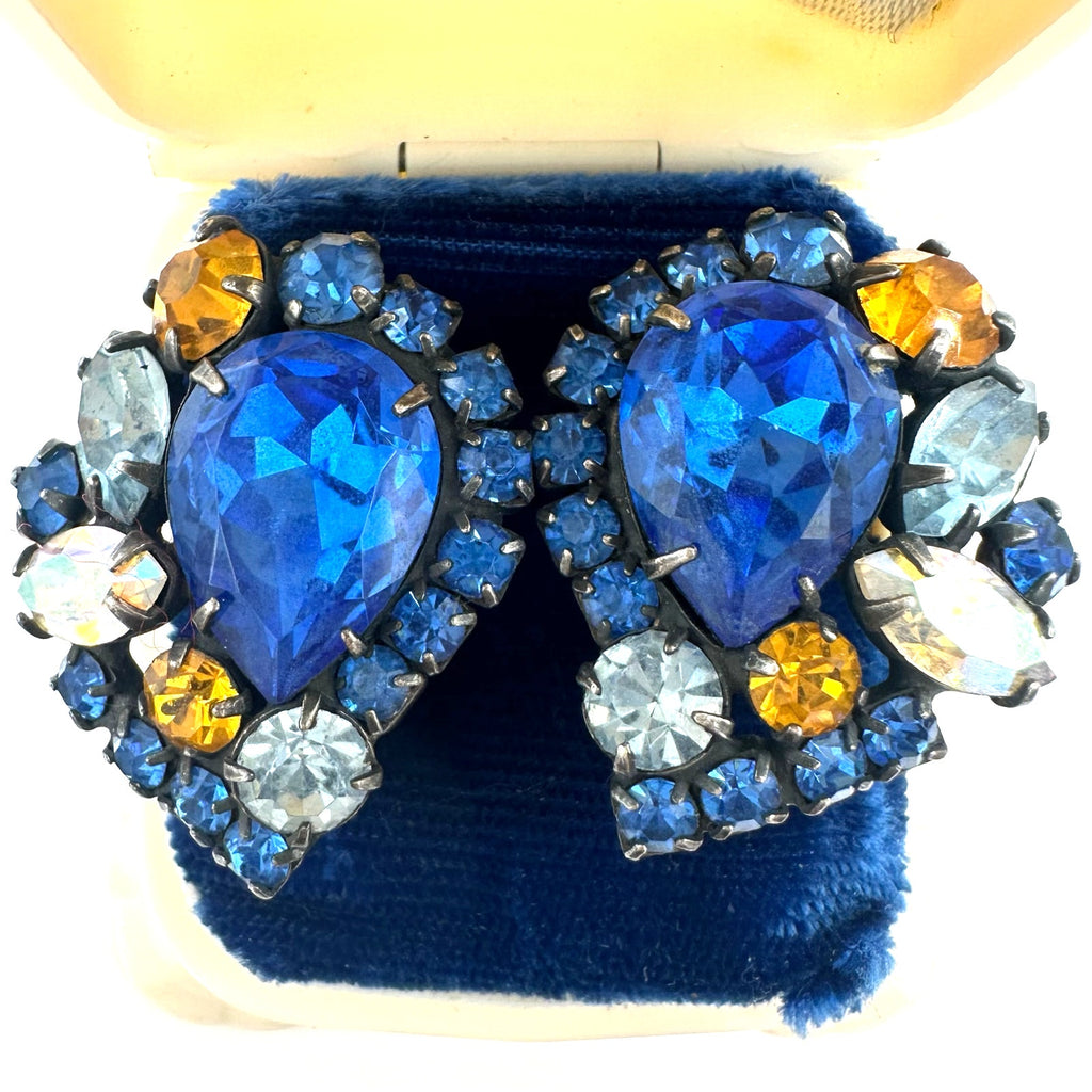 Vendome silver tone aurora borealis AB blue orange rhinestones clip on earrings