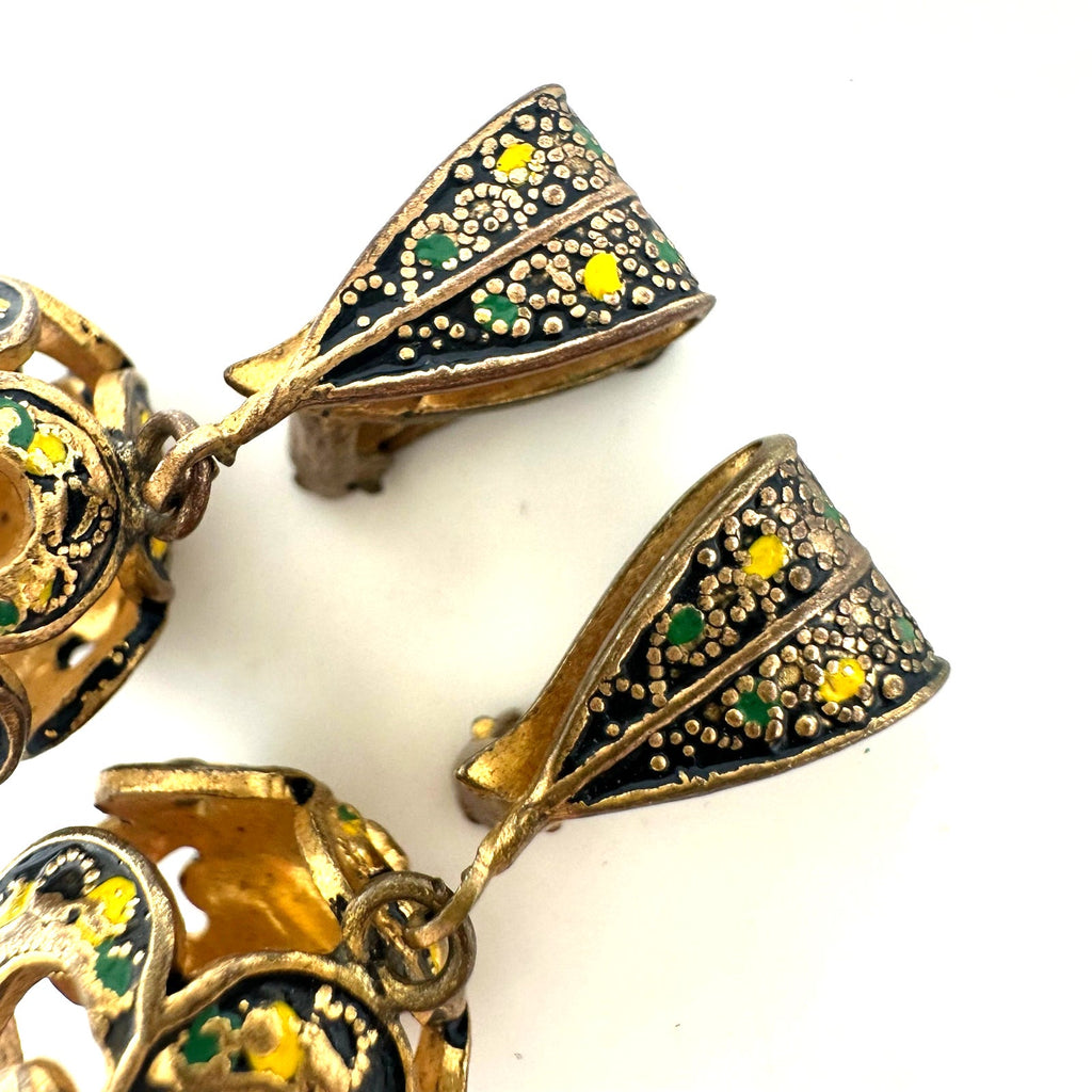 Vintage Spanish Damascene gold tone green black enamel clip on ball earrings